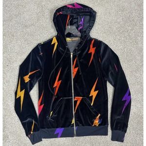 Aviator Nation Velvet Repeat Lightning Bolt Full Zip Hoodie Black Womens Size XS